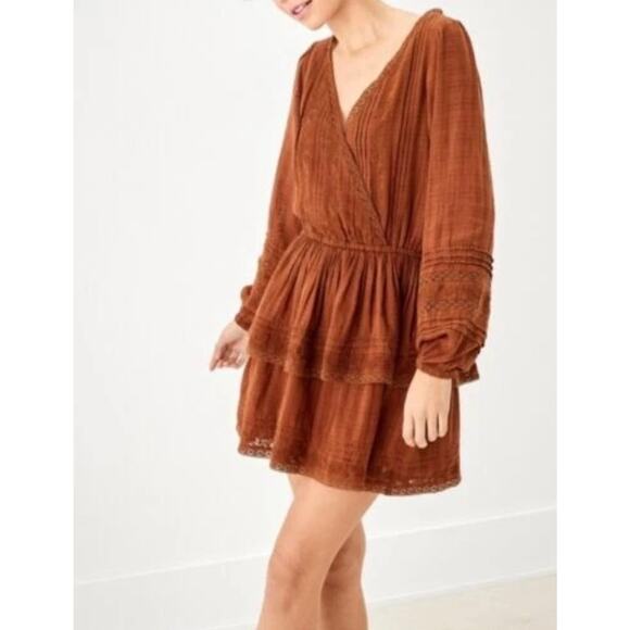 American Eagle BROWN Women's Embroidered Wrap Front Mini Dress, Small - Picture 2 of 7